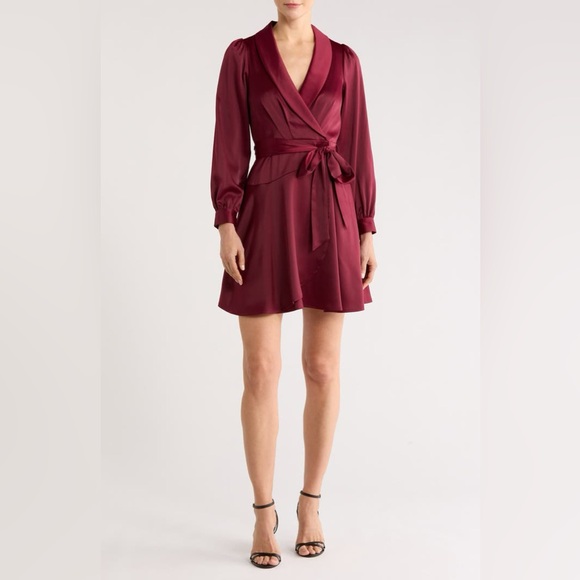 Vince Camuto Dresses & Skirts - Vince Camuto - Burgundy Satin Shawl-Collar Fit & Flare Dress - Size 4 - NWOT